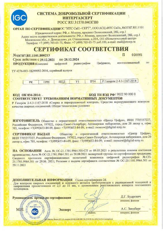 Сертификат соответствия № ОГН7.RU.1101.В00213
